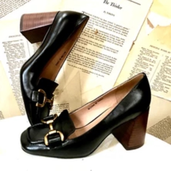 Anthropologie Bibi Lou Zagred Wood Stacked Heel Black Leather - Picture 7 of 11